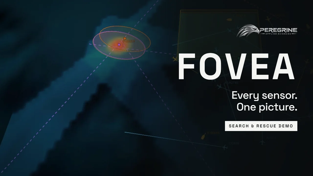 FOVEA product walkthrough: a direction-finding position fix on a distress beacon in a simulated Monterey Bay search-and-rescue scenario.